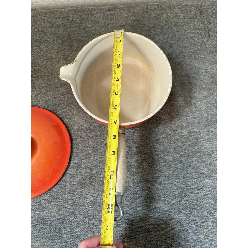 Vintage Le Creuset Castoflon #18 Saucepan with Lid Teck Wood Handle Flame Orange